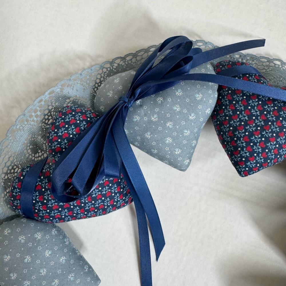 Vintage Heart Wreath country fabric lace & bow Handmade Cottagecore Farmcore - Picture 7 of 13